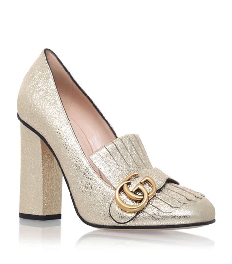 gold shoes gucci heel pearl|Gucci gold block heels.